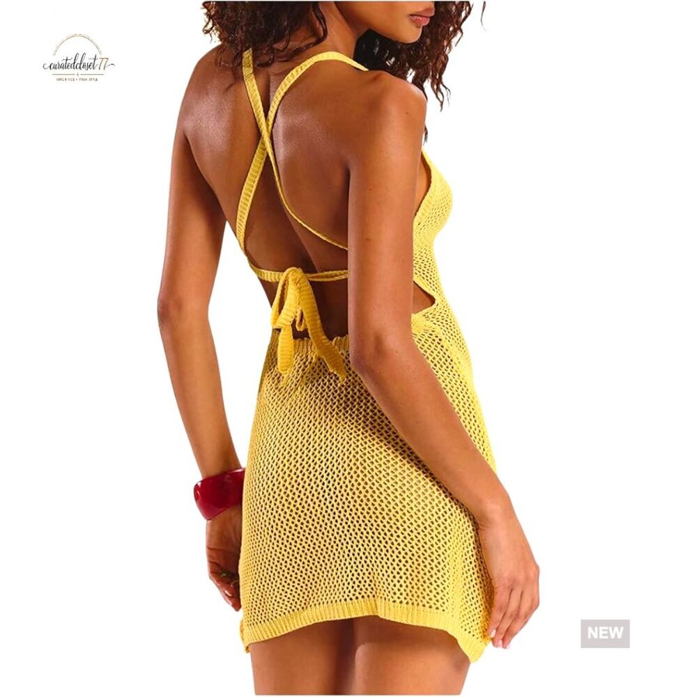 Crochet Cover Up Dress Criss Cross Open Back Sleeveless Boho Beach